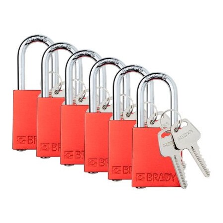 Brady Brady Safety Lockout Padlock, Keyed Alike, 1-1/2in, Aluminum/Steel, Red, 6/PK SDAL-RED-38ST-KA6